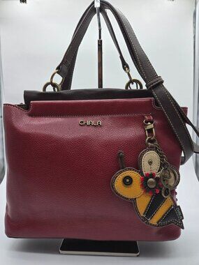 Chala Red & Brown Vegan Leather Tote Bag With Bee Charm Dual Straps Spacious Int